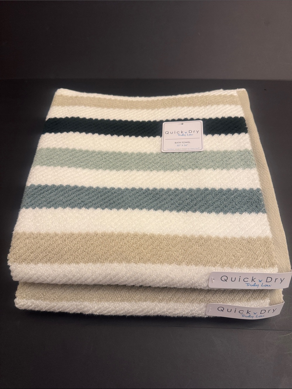 8pc TRULY LOU Quick Dry 100% Cotton Stripe Bath Towel Set -Shades of Green/Taupe - Picture 2 of 8